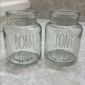 Rae Dunn Set of 2 jars- Bobby pins and ponytail holder Glass